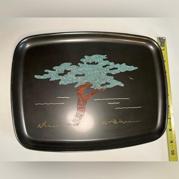 Couroc of Monterey Inlaid Wood Tray  Monterey Cypress  VTG MCM  Signed by Artist - Picture 7 of 13